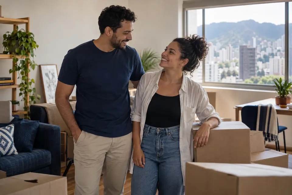 Duas pessoas conversando durante uma mudança de apartamento. Imagem ilustrativa.
